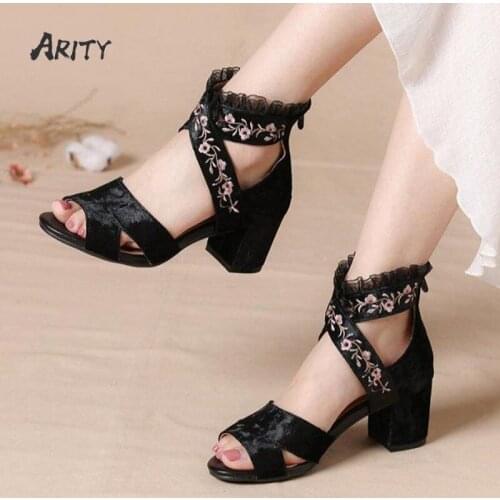 Spring Fish Mouth Shoes 2021 New Summer Women Sandals Female Thick-heeled Lace Sandals Embroidered High Heels Mommy Shoes