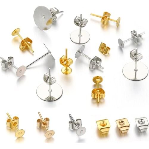 100pcs 4mm-10mm Earrings Blank Post Earring Studs Base Pins With Ear Back Ear Plug Set for DIY Jewelry Making Findings Supplies