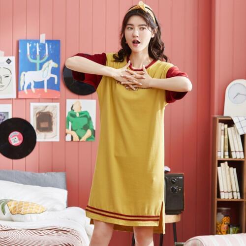 Women summer new cotton pajamas Korean short sleeve nightdress thin casual yellow print mid calf length sleepshirts sleepwear