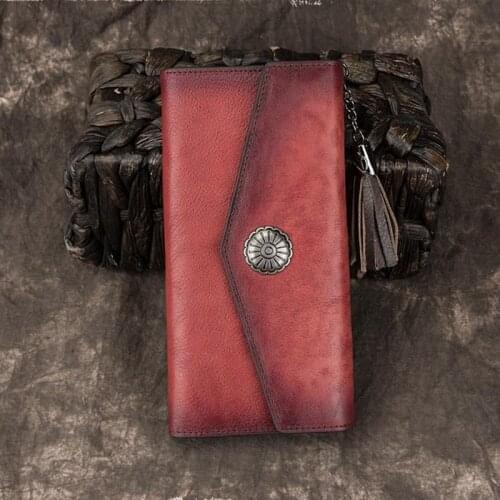 Handmade Genuine Leather Women Long Wallet Female Card Holder 2021 Spring Vintage Hasp Solid Color Leisure Clutch Purse Wallets