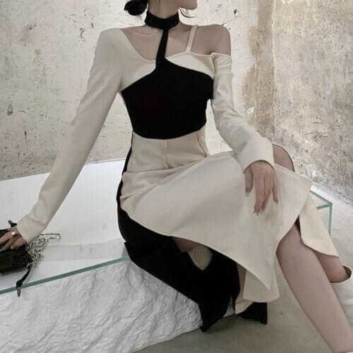 Spring/Summer 2021 New Korea Fashion Women Sexy Irregular Niche Design Patchwork Dress Elegant Chic Girl Sweet Women Midi Dress