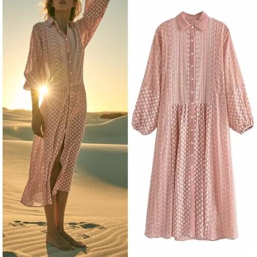 Long Dress Women Embroidered Floral Dress Woman 2021 Oversized Vintage Long Puff Sleeve Midi Casual Summer Dresses