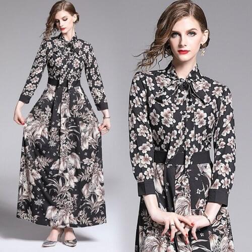 Spring Summer Fall Runway Vintage Floral Print Tie Neck Long Sleeve Empire Waist Women Lady Party Casual A-Line Maxi Dress