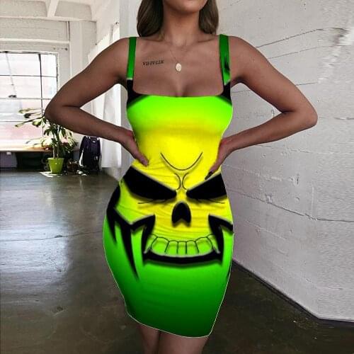 Giyu Brand Skull Dresses Women Novel Vestido Sexy Hip Hop Halter Sleeveless Rock Bodycon Dress Womens Clothing Club New
