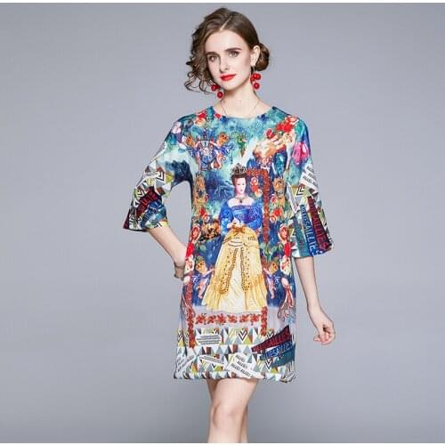 2021 Womens Summer Dress French Retro Round Neck Beaded Diamond Print Short Dress New Loose Female Slim Dresses X168