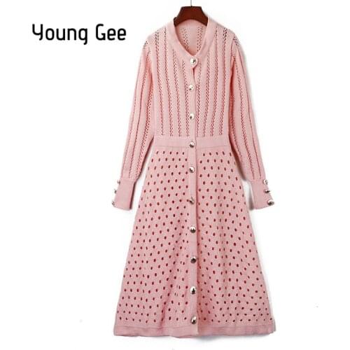 Young Gee NEW Fashion Women Elegant Autumn Winter Long Sleeve Knitted Sweater Dress Single Breasted Pink Slim Hollow Out Dresses