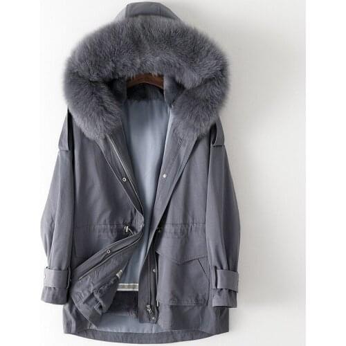 Winter Thick Warm Rabbit Fur Lining Fox Fur Collar Pie Overcomes Womens Autumn Hooded Coat Casual Loose Mid Length Women Jacket