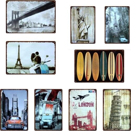 Famous Building Retro City Metal Sign Travel Tin Plate Home Decoration Wall Iron Painting Vintage Bar Pub Sign 30X20CM