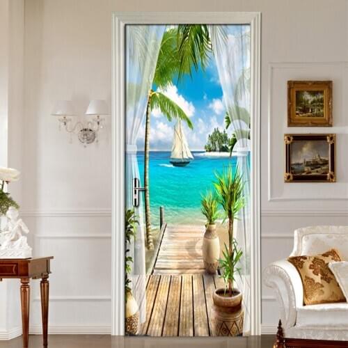 Balcony Sea View 3D Door Sticker Wall Painting Living Room Bedroom Door Wallpaper Wall Stickers Self-adhesive Waterproof Decor