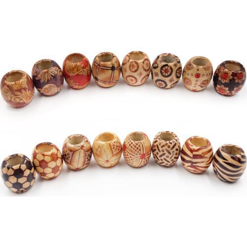 50PC Pattern flower Painted Leopard Drum Wood Bead Big Hole:8mm Beads DIY For Charm Bracelet necklace Jewelry Making Accessories