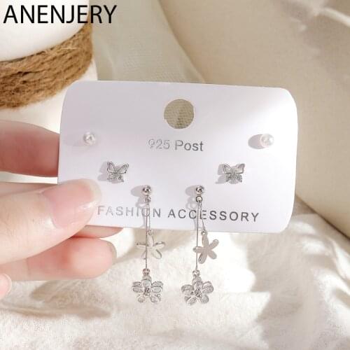 ANENJERY Dainty Silver Color Zircon Flower Butterfly Pearl Dot Stud Earrings For Women Gift 6-piece Earrings Set S-E1238