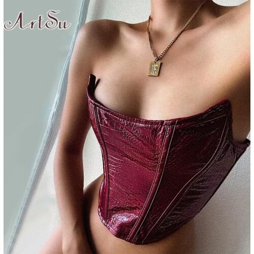 ArtSu PU Leather Crocodile Sexy Strapless Corset Crop Tops For Women Fashion Sleeveless Backless Club Party Top Cropped VE52418