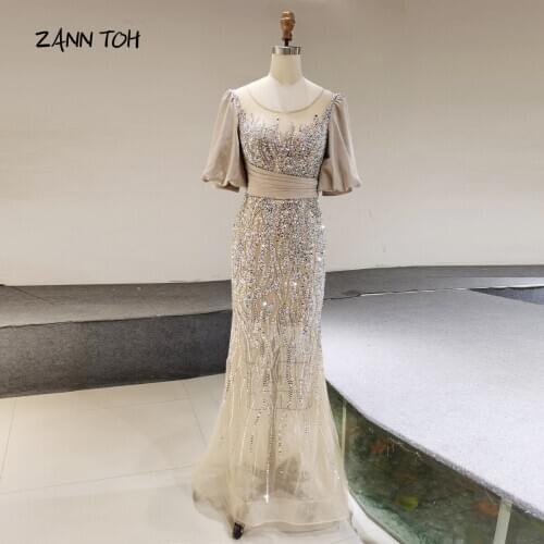Champagne Luxury Mermaid Evening Dresses 2021 Elegant O Neck Half Sleeve Beaded Evening Gowns Formal Dress Plus Size