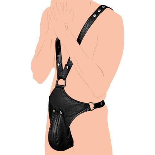 BDSM Bondage PU Leather Bibs Mens Straits, Bound Pants G-String Thong With Penis Cock Cage Chastity Belt Panties Sex Toys