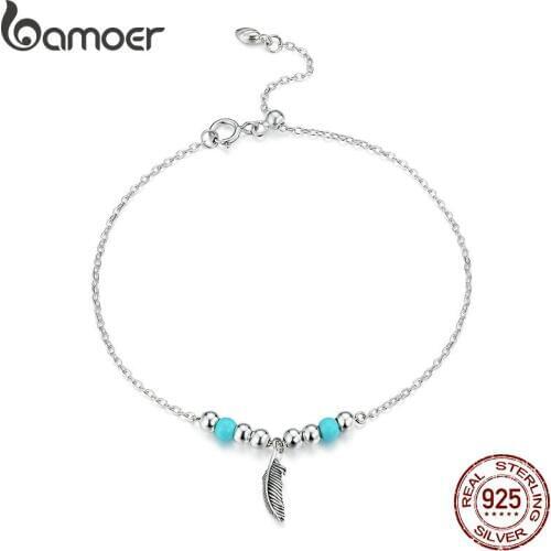 Bamoer Bohemia Style Feather Silver Chain Bracelet for Women 925 Sterling Silver Jewelry Boho Style Female Accessory SCB181