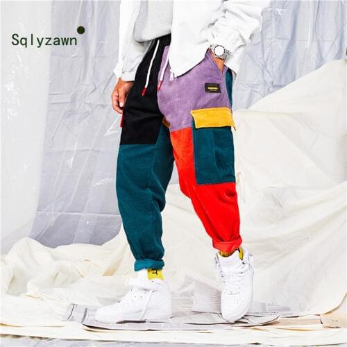 Men and Women Hip Hip Pants Color Block Patchwork Corduroy Cargo Harem Pant Streetwear Harajuku Jogger Sweatpant Cotton Trousers