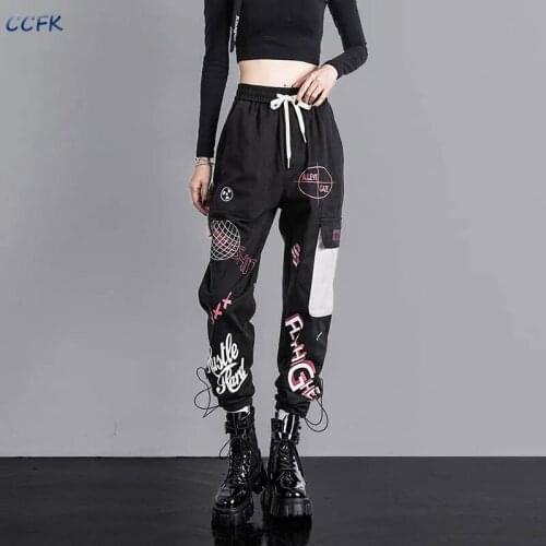 Graffiti Gothic Cargo Pants Women High Waist Loose Trousers Female Punk Streetwear Indie SweatPants Jogger Y2K Alt Aesthetic