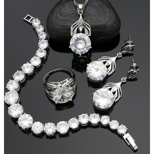 White Round Cubic Zirconia 925 Silver Jewelry Set for Women Wedding Bracelet Ring Earrings Pendant Chain Classic Jewelry