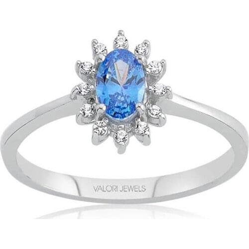 Valori Jewels Elegant Oval, 0.40 Carat, Zirconia Blue And White Oval Gemstone, Rhodium Plated, Sterling Silver Solitaire Ring