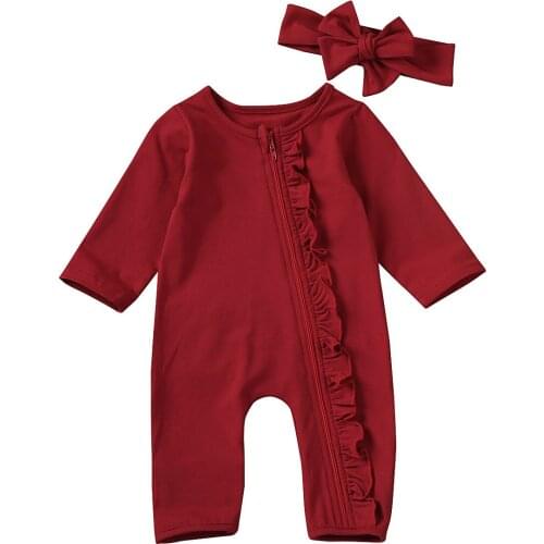 Emmababy Newborn Baby Boy Girl Xmas Clothes Ruffle Romper Solid Zipper Jumpsuit Outfits