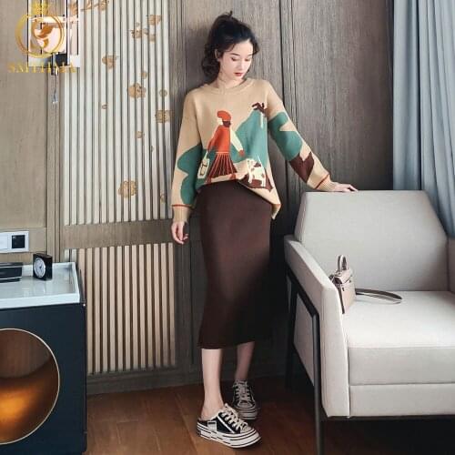 SMTHMA 2 Piece Set Women Winter Korean Style Knitted Cartoon girl Sweater + High Waist Skirt Suit Ladies Sweater Sets 2021