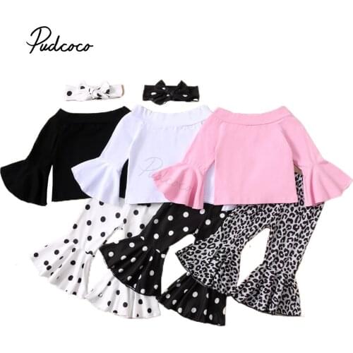 3 Pieces Kids Suit Set, Girls Solid Color O-Neck Long Flare Sleeve Tops+ Dots Long Pants+ Headband, 9 Months-4 Years