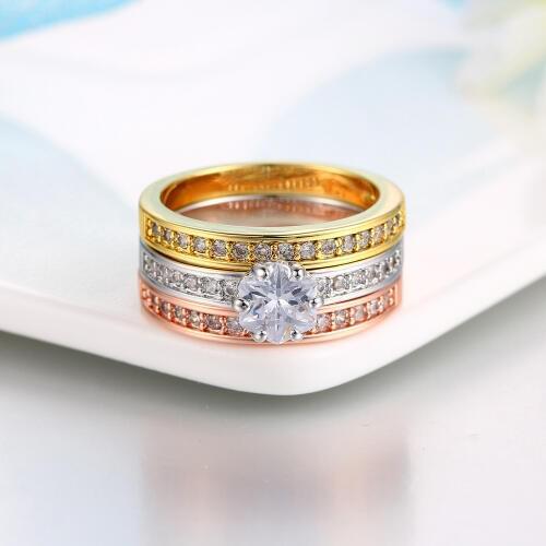 Double Fair 3 Rounds Womens Ring Set Rose Gold / Silver Color Flower Cut Crystal Wedding Jewelry Rings For Women Femal DFR107