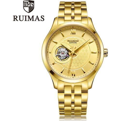 Ruimas golden Watch Men Automatic Mechanical Watch Top Brand Luxury Gold Vintage Stainless Steel Strap Man Watch Mens Watch