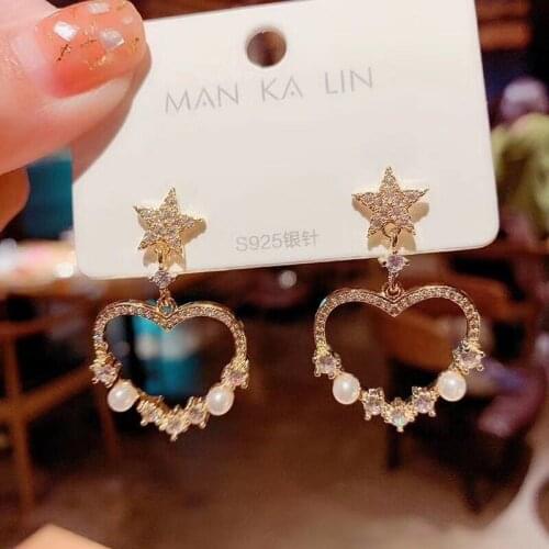 Ruanme fashion micro drill set zircon earrings with pentagram delicate pearl earrings love eardrop women geometry earring