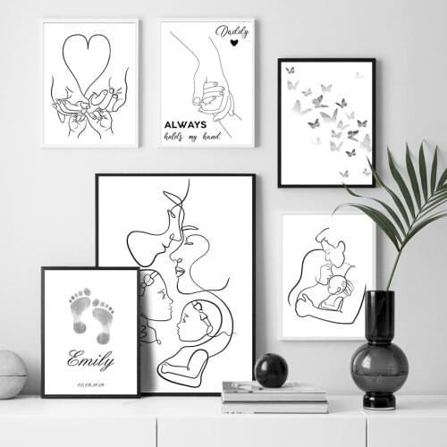 Family Butterfly Footprint Shadow Line Wall Art Canvas Painting Nordic Posters And Prints Wall Pictures For Living Room Decor