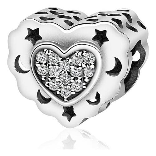 New 100% 925 Sterling Silver Charm Heart-shaped Bead Carving Stars Moon Zircon Charms Fit Original Bracelet Jewelry1101-1120