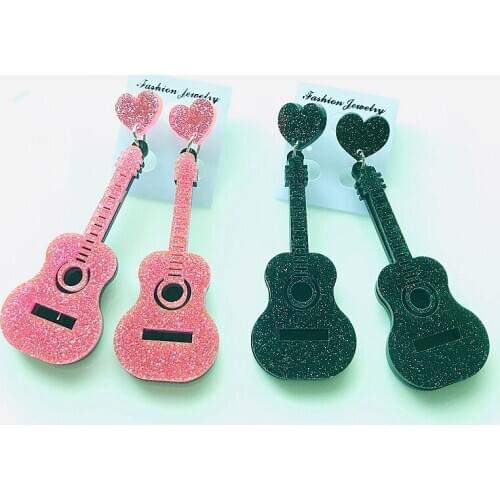 New Fashion Pink Shiny Glitter Guitar Acrylic Drop Earrings For Women Geometric Glitter Powder Long Dangle Earring Party Jewelry