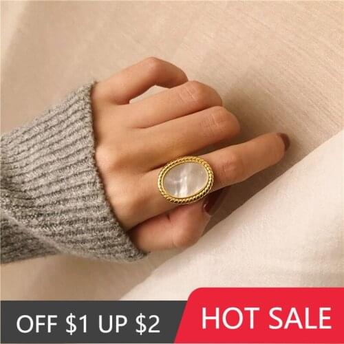 POPACC 925 Sterling Silver Baroque Oval-shaped Shell Adjustable Geometric Ring for Women Fashion Party Jewelry Gifts