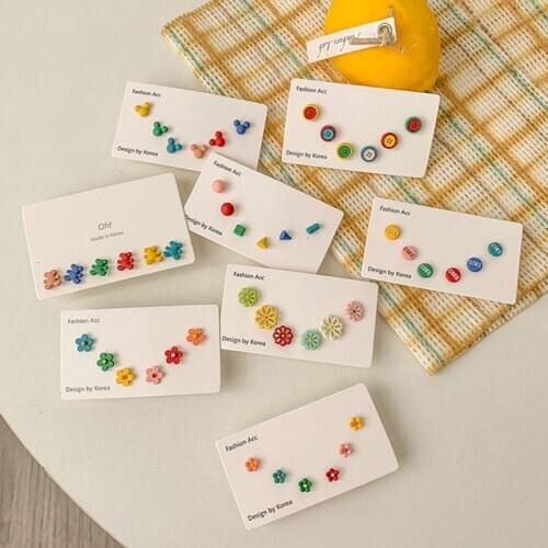 AOMU 6pcs Korean Cute Colorful MINI Earrings Mixed Styles Flower Bear Geometric Animal Stud Earrings Set for Women Girls Jewelry