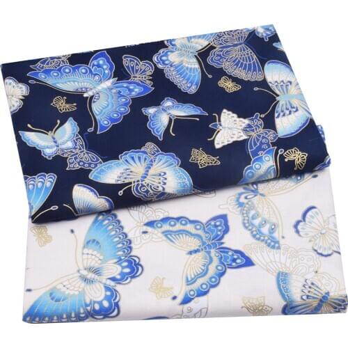Blue White Butterfly Cotton Bronzing Fabric, Precut Sewing Fabric Patchworks Quilting DIY Japanese Fabric