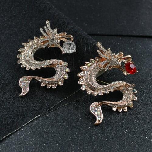 Glittering Crooked Chinese Dragon Mosaic Red Blue Black Zircon Inlaid Brooches Pin Clothes Suit Formal Wear Decoration