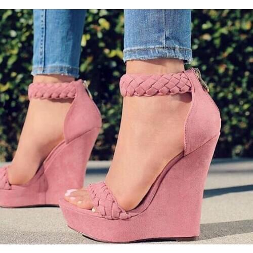 Dipsloot Girls Cute Pink Suede Thick Platform Sandals Woman Cover Heel Zipper Back Woven High Heel Wedge Sandals Plus Size