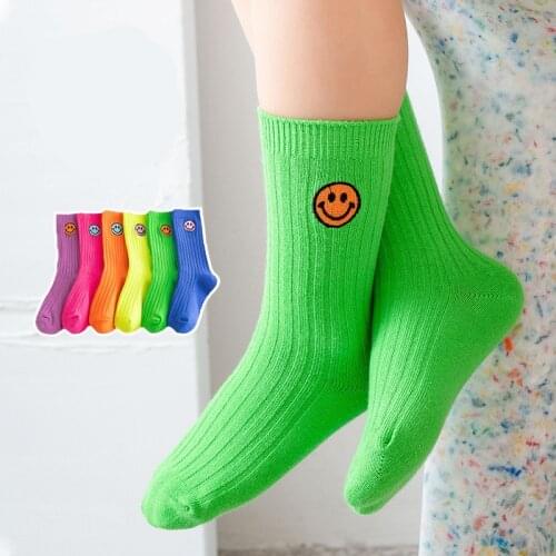 Spring And Summer New Candy Color Childrens Socks Korean Smiley Face Boys And Girls Middle Tube Tide Socks Baby Socks Cotton