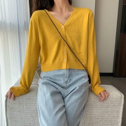Vintage Stylish Solid Color Knitted Cardigan Women Fashion V Neck Long Sleeve Loose-fitting Sweater Top Autumn Cardigan Mujer