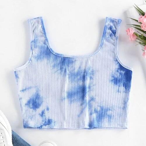 25# Ladies Tie-dye Print T-shirts Crop Top Combed Cotton Sleeveless Pullover Vest Tank Shirts T-shirts Spaghetti Strap T-shirt