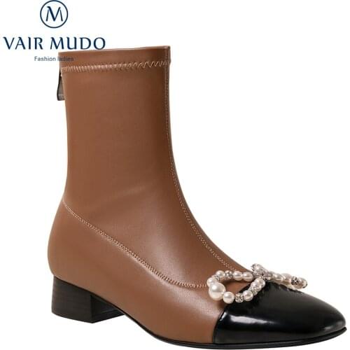 VAIR MUDO Women Ankle Boots Shoes Elegant Fashion Modern Boots Butterfly-knot Black Brown Boots Shoes Women Round Toe DX173-C