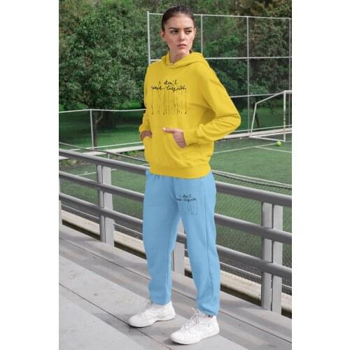 Angemiel Wear I Need Don't Fashion Women Tracksuit Set Yellow Hooded Sweatshirt Blue Sweatpants