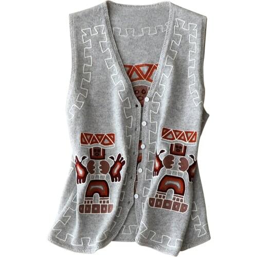 30% Cashmere+70% Wool Women Sweater Vest Embroidery Geometric Single Breasted V-Neck Sleeveless Vintage Women Sweaters