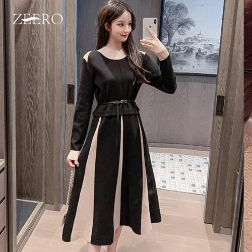 Autumn Winter A-line Stitching Color Knit Bottoming Dress Women High Elasticity Slim All-match Keep Warm Pleated Sweater Dresses