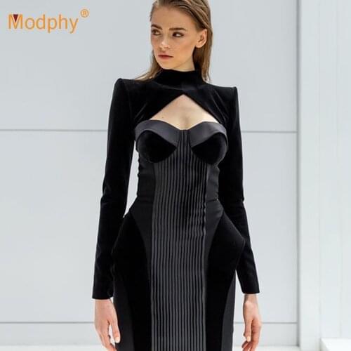 Free Shipping Autumn 2 Two Piece Long Sleeve High Neck Sexy Hollow Bodycon Dress 2020 New Womens Evening Party Dress Vestidos