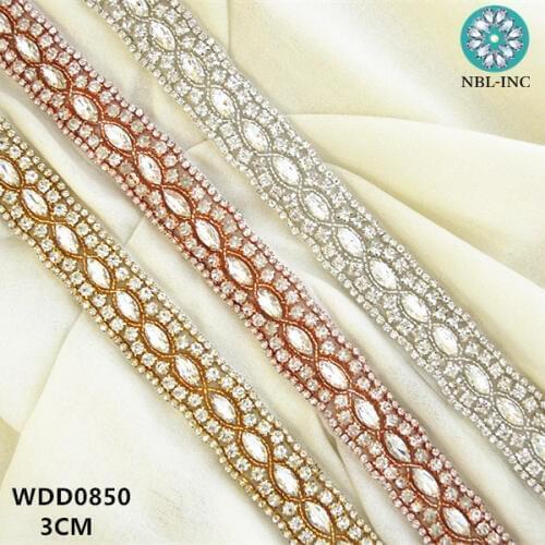10 YARDS)Wholesale hand beaded bridal crystal rhinestone applique trim iron on for wedding dress sash belt WDD0850