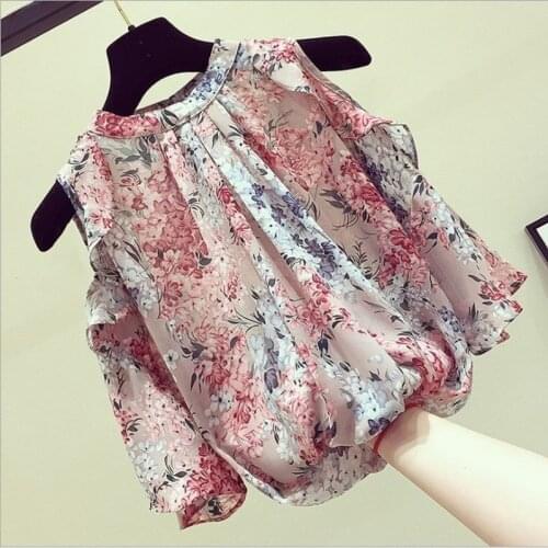 Floral Print Blouses Chiffon Shirt Womens Blouse 2021 Summer New Korean Off Shoulder Loose Elegent Shirts Cute Tops Plus Size