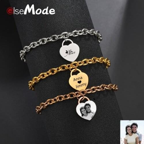 ELSEMODE Customized Stainless Steel Heart Bracelets Engrave Photo Name Date Custom Women Jewelry For Lovers Family Birthday Gift