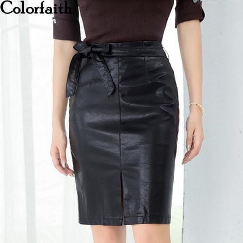 Colorfaith New 2019 Women PU Leather Skirt Autumn Winter Pencil Eelegant Bow Ladies Fashion Package Hip Slit Midi Skirt SK3440
