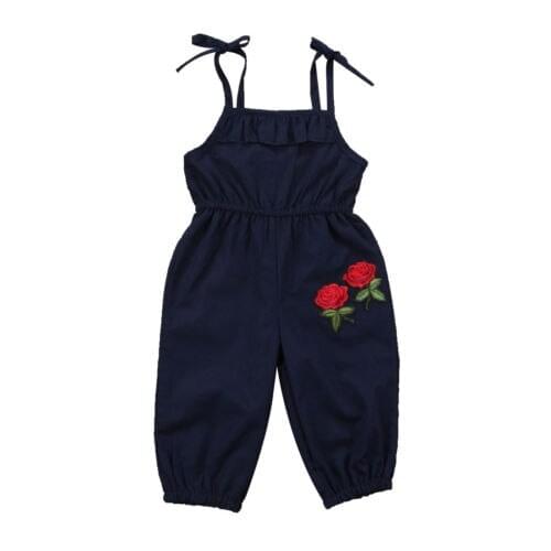 Toddler Kids Girls Flower Romper Navy Blue Girl Clothing Sleeveless Summer Rose Jumpsuit Playsuit Outfit Clothes Embroidery
